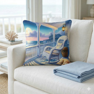 Moonlit Coastal Porch with Dog & Ocean View Throw Pillow