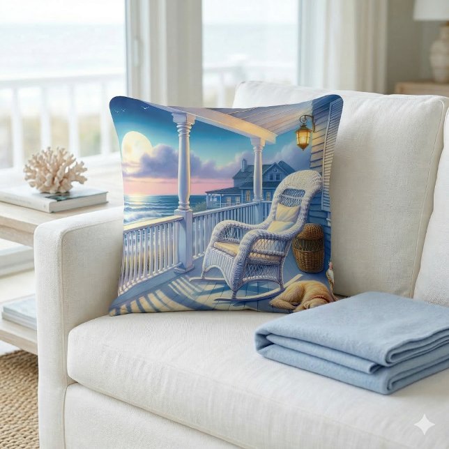 Moonlit Coastal Porch with Dog & Ocean View Throw Pillow (Moonlit Coastal Porch with Dog & Ocean View Throw Pillow Mockup A)
