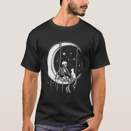 Moonlit Companions Skeleton and Cat on Crescent S T_Shirt