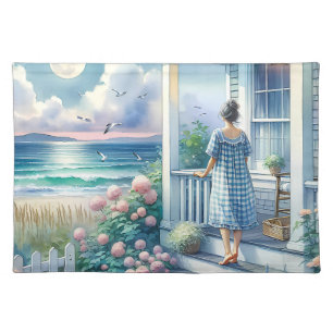 Moonlit Cottage Porch by the Sea Cloth Placemat