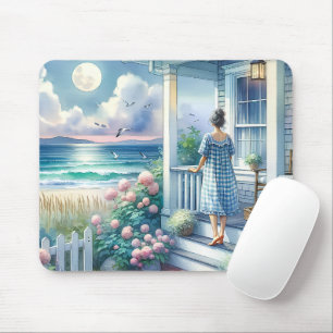 Moonlit Cottage Porch by the Sea Mouse Pad