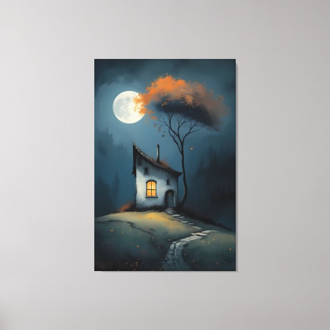 Moonlit Cottage Under the Autumn Tree Canvas Print (Front)