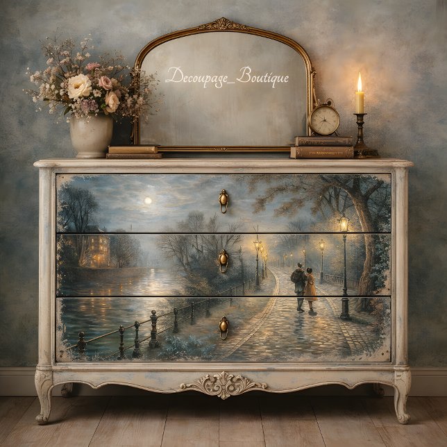 Moonlit Couple Walking Riverside Path Decoupage Tissue Paper (Moonlit Couple Walking Riverside Path Decoupage Tissue Paper Mockup)