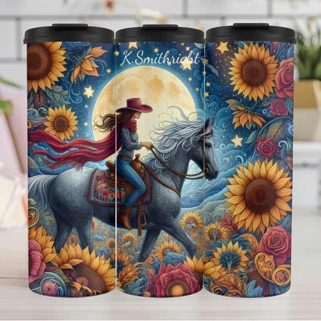 Moonlit Cowgirl Sunflower Horse Ride Thermal Tumbler (Creator Uploaded)