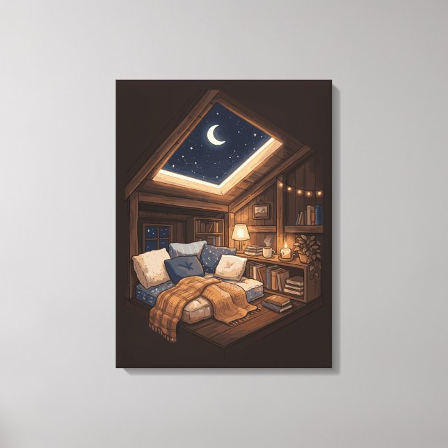 Moonlit Cozy Cabin Reading Nook Illustration Canvas Print (Front)