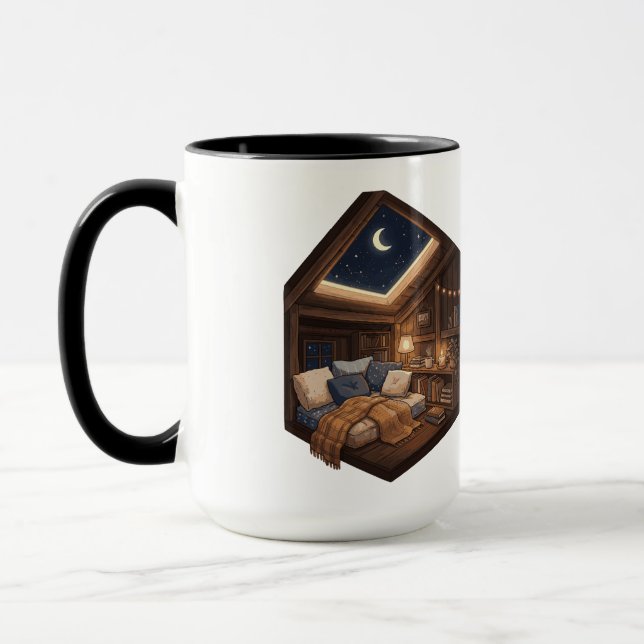 Moonlit Cozy Cabin Reading Nook Illustration Mug (Left)