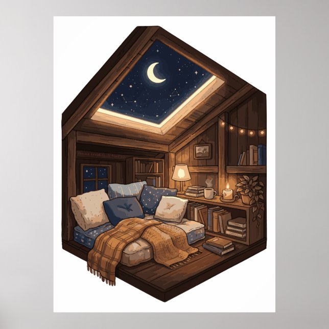 Moonlit Cozy Cabin Reading Nook Illustration Poster (Front)