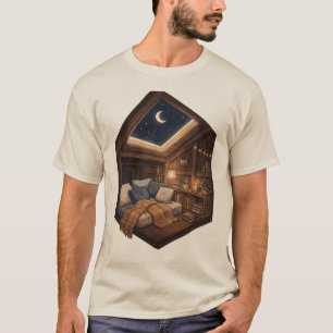 Moonlit Cozy Cabin Reading Nook Illustration T-Shirt