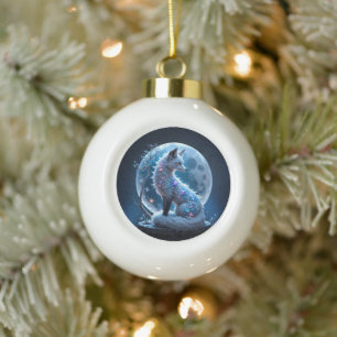 Moonlit Crystal Fox – Guardian of Silent Dreams. Ceramic Ball Christmas Ornament