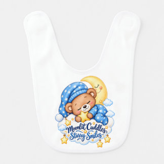 Moonlit Cuddles Starry Smiles Cute Sleeping Teddy Baby Bib