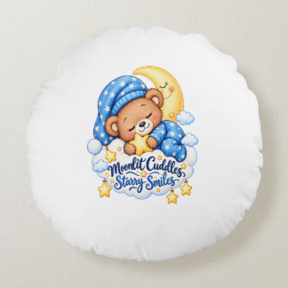 Moonlit Cuddles Starry Smiles Cute Sleeping Teddy Round Pillow