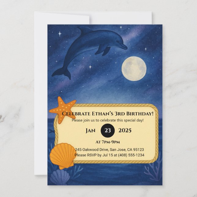 Moonlit Dolphin & Ocean Night Scene Birthday  Invitation (Front)
