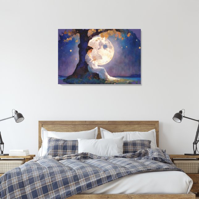 Moonlit Dreamer - Serene Night Sky Canvas Print (Insitu(Bedroom))
