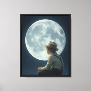 Moonlit Dreams: Boy and the Full Moon Canvas