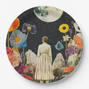 Moonlit Elegance - Back View of Woman with Moon 3 Paper Plates