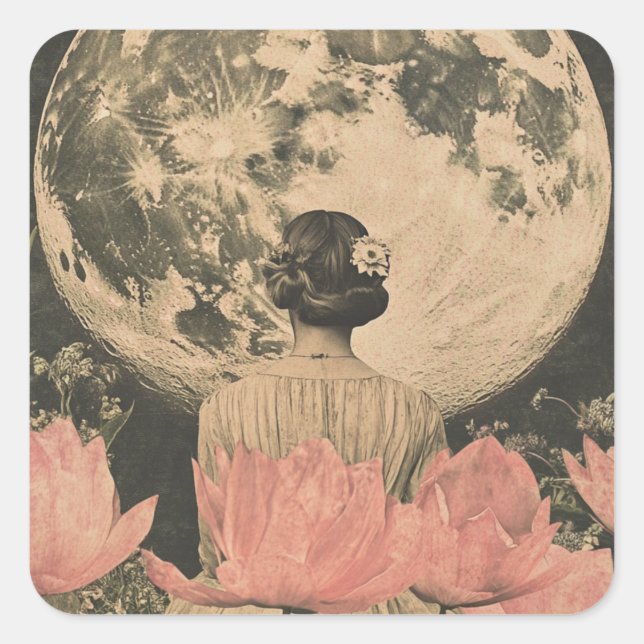 Moonlit Elegance - Back View of Woman with Moon Square Sticker (Front)