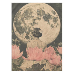 Moonlit Elegance - Back View of Woman with Moon Tablecloth