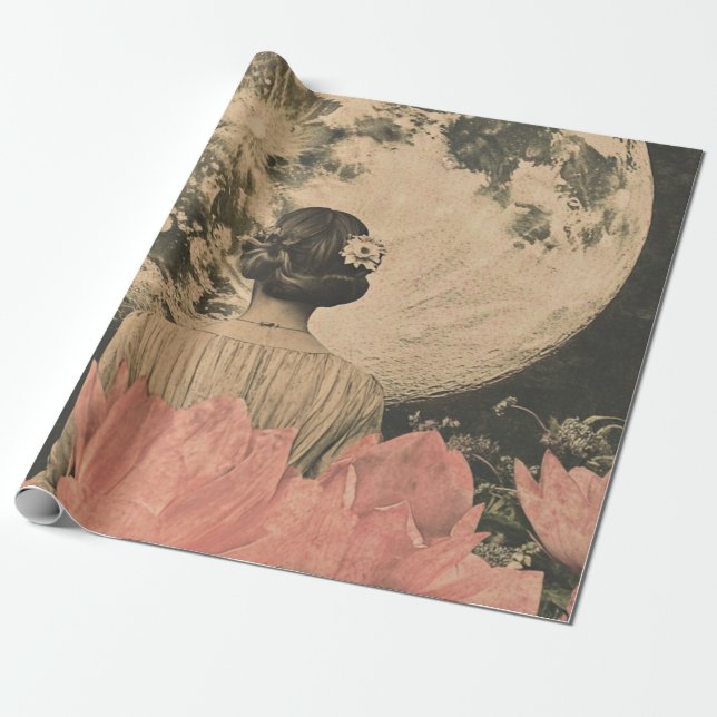 Moonlit Elegance - Back View of Woman with Moon Wrapping Paper (Unrolled)