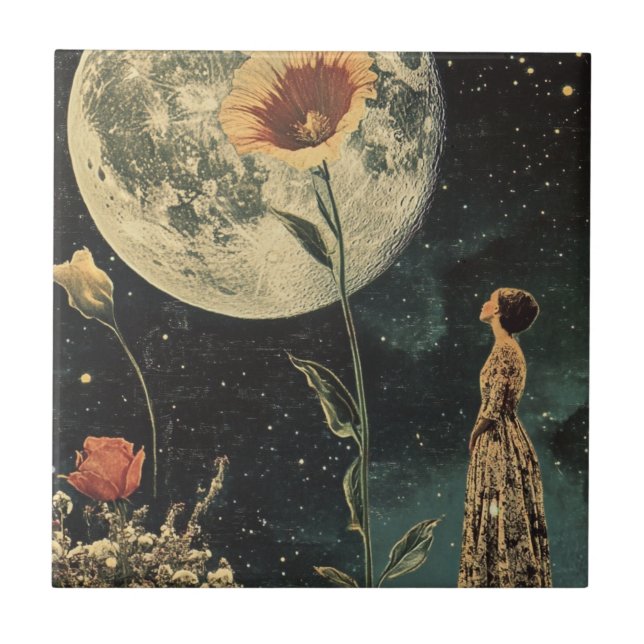 Moonlit Elegance - Woman with Moon Ceramic Tile (Front)