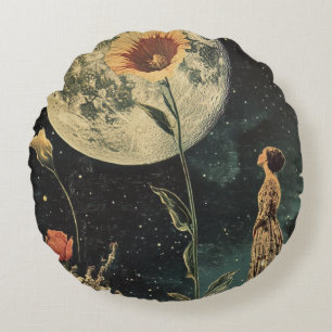 Moonlit Elegance - Woman with Moon Round Pillow