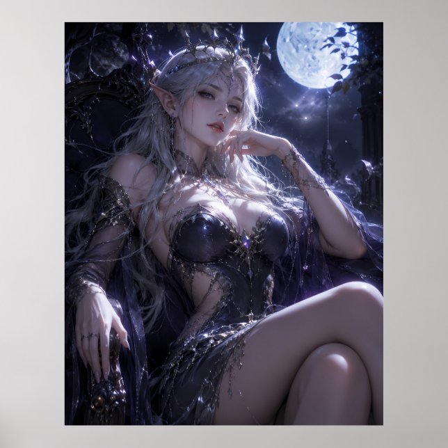 Moonlit Elf Queen Fantasy Portrait | Dark Blue Got Poster (Front)