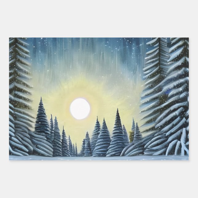 Moonlit Evergreen Snowscape Under The Night Stars Wrapping Paper Sheets (Front 3)