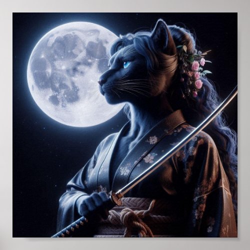 Moonlit Feline Samurai Grace and Power Unleashed Poster