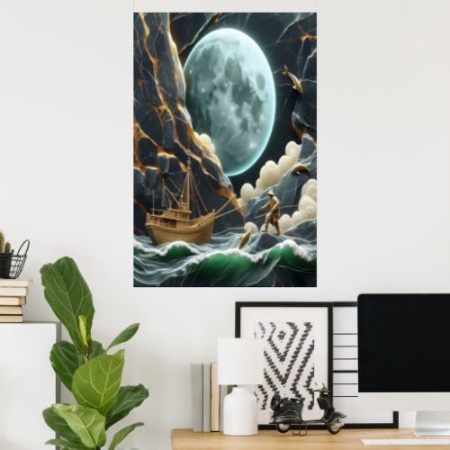 Moonlit Fishing Under The Cliff Poster