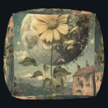 Moonlit Flower & Vintage Charm Pouf<br><div class="desc">Experience the serene beauty of rural elegance with this captivating pouf featuring a delicate flower clinging to a luminous full moon. Set against a mountainous landscape and an old-style house,  this artwork evokes a vintage vibe,  blending rustic charm with celestial wonder. Perfect for lovers of timeless and nostalgic art.</div>