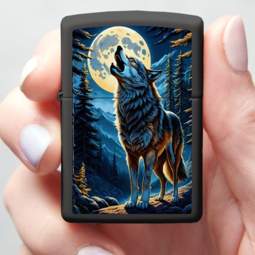 Moonlit Forest and Howling Wolf Zippo Lighter