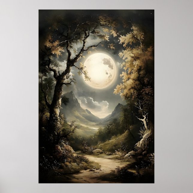 Moonlit Forest Print, Dark Academia Gothic Wall Poster (Front)