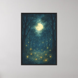 Moonlit Forest with Fireflies Canvas Print