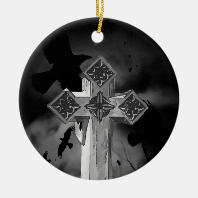 Moonlit GraveYard Gothic Cross With Crows Ceramic Ornament (Front)