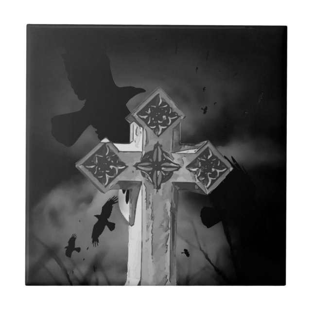 Moonlit GraveYard Gothic Cross With Crows Ceramic Tile (Front)