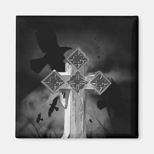 Moonlit GraveYard Gothic Cross With Crows Magnet (Front)