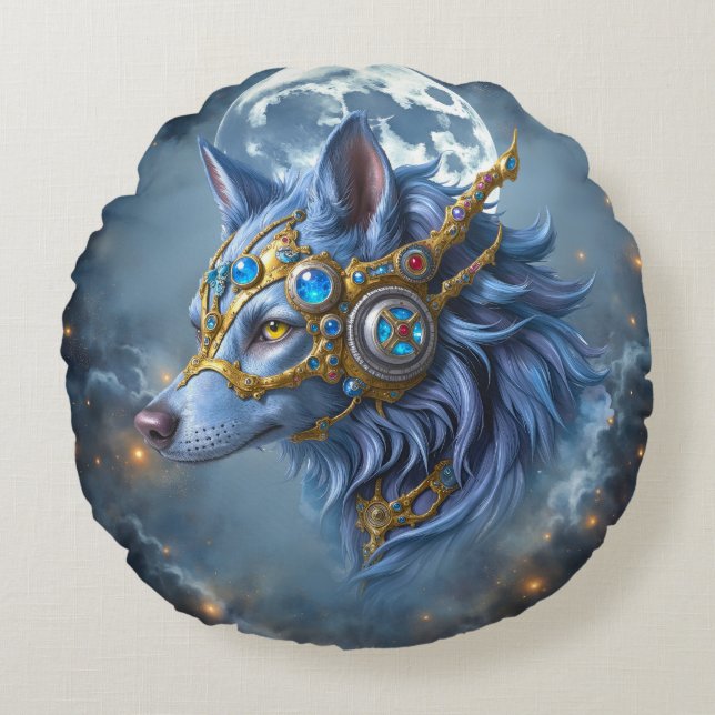 Moonlit Guardian of the Sapphire Veil.  Round Pillow (Front)