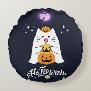 Moonlit Halloween Cat – Spooky & Sweet Night Round Pillow