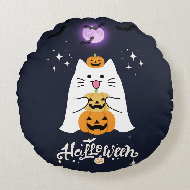Moonlit Halloween Cat – Spooky & Sweet Night Round Pillow (Front)