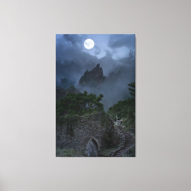 Moonlit Hilltop Ruins Under Full Moon Fantasy  Canvas Print (Front)