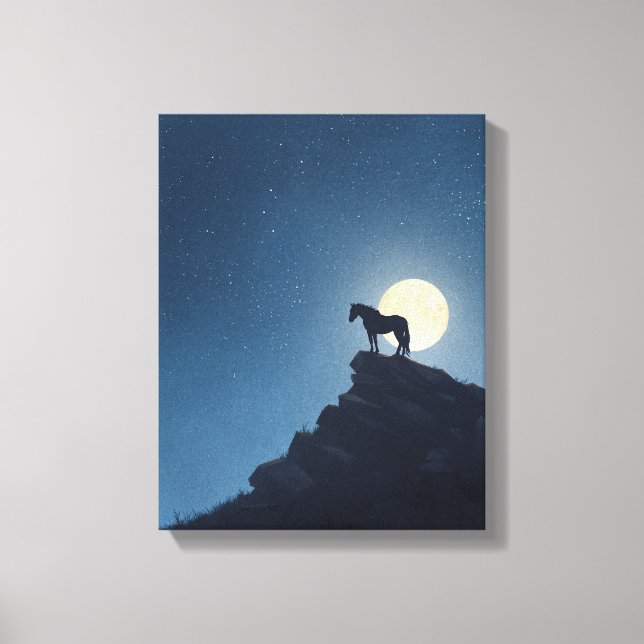 Moonlit Horse Cliff Silhouette Art Canvas Print (Front)