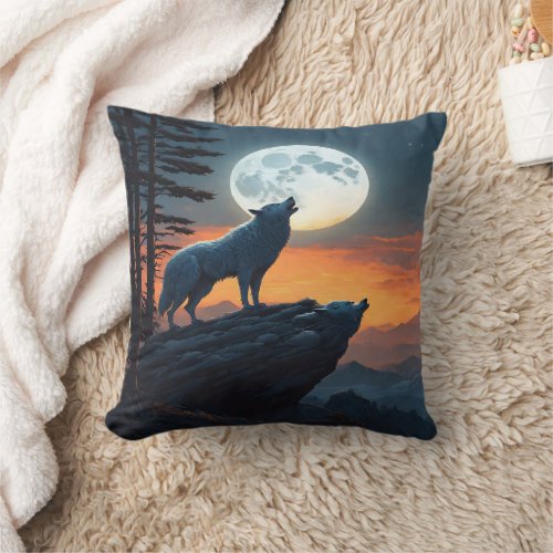 Moonlit Howl of the Wild Wolves at Dusk Throw Pillow