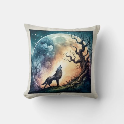 Moonlit Howl _ Watercolor Throw Pillow