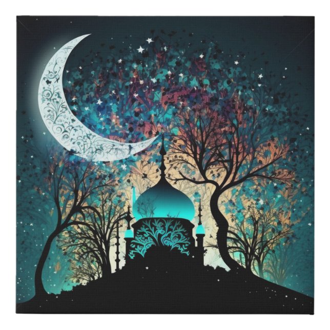Moonlit Islamic Mosque Masjid Eid Gift Faux Canvas Print (Front)