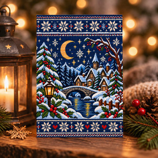 Moonlit Knitted Winter Village Christmas Postcard