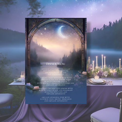 Moonlit Lake Forest Fantasy Elegant Wedding Menu Invitation