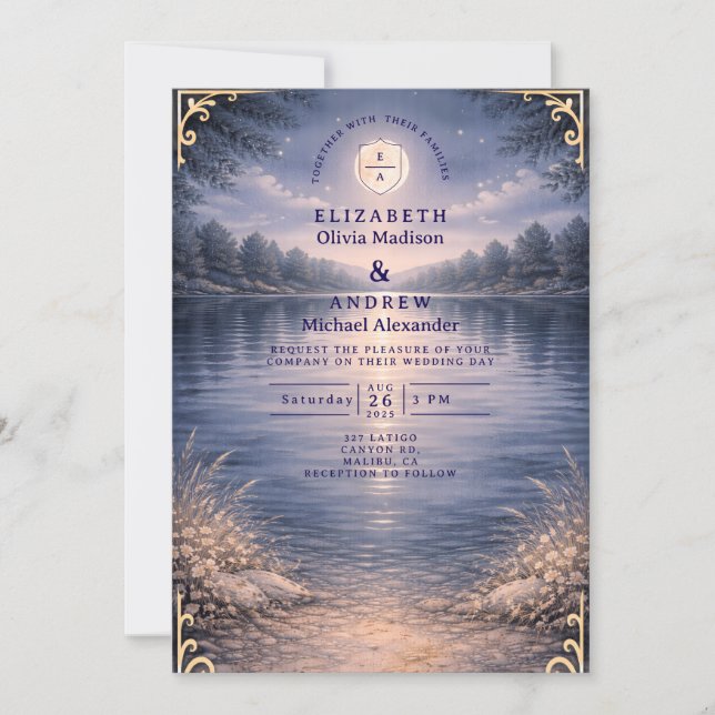 Moonlit Lake Forest Romance Wedding Invitation (Front)