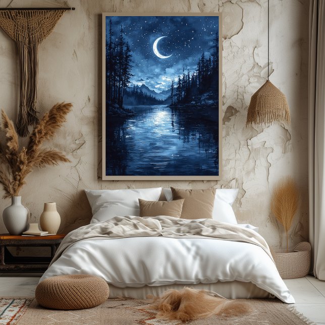 Moonlit Lake Reflection in Monochrome Blue Poster (Creator Uploaded)
