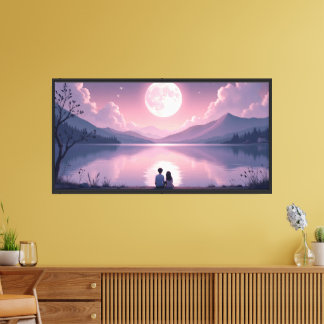 Moonlit Lake Romantic Night Valentine’s Day  Canvas Print