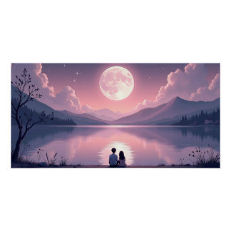 Moonlit Lake Romantic Night Valentine’s Day  Poster