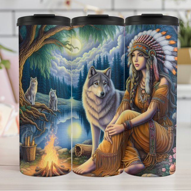Moonlit Lakeside Vigil, Wolf Companion. Thermal Tumbler (Creator Uploaded)